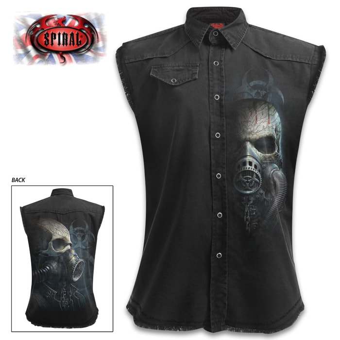 Bio-Skull Sleeveless Black Stonewashed Worker Shirt - 100 Percent Cotton Denim, Original Artwork, Azo-Free Reactive Dyes
