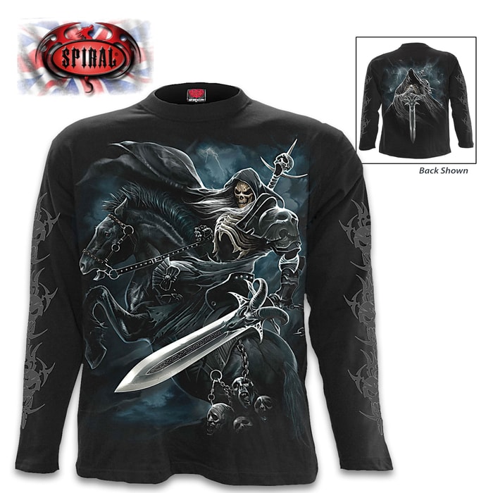 Grim Rider Long Sleeve Black T-Shirt - Original Artwork, Front And Back, Jersey Material, Skin Friendly Dyes