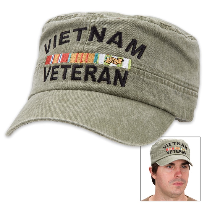 Olive Drab Vietnam Veteran Flat Top Cap - Hat, 100 Percent Cotton Construction, Embroidered Design, Adjustable Band