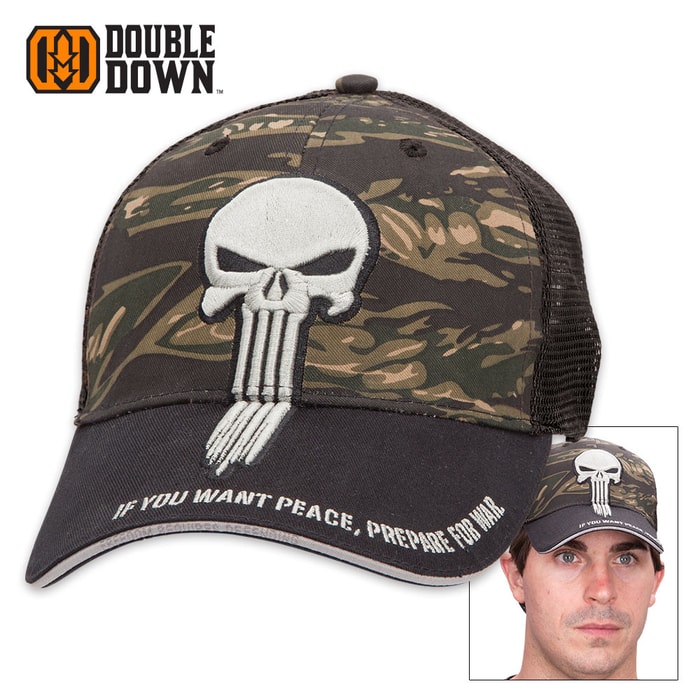 Double Down Punisher of Evil Trucker Cap - Zebra Camo and Black Polyester Mesh