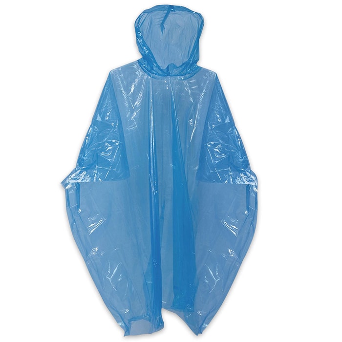 Reusable Blue Emergency Rain Poncho - Hooded - Compact And Lightweight, Polyethylene - One Size Fits All