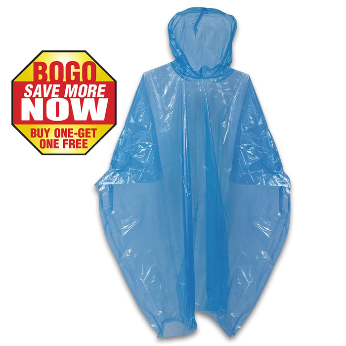 Reusable Blue Emergency Rain Poncho - Hooded - Compact And Lightweight, Polyethylene - One Size Fits All - BOGO