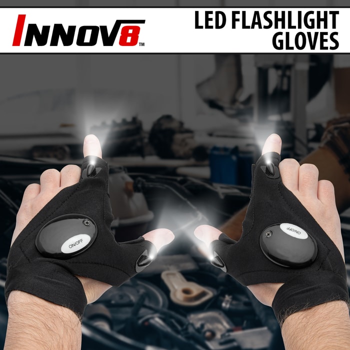 Full image of Innov8 LED Flashlight Gloves turned on and put on hands.