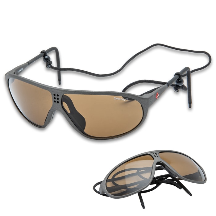 Two different views of the Swiss Suvasol Army Sunglasses shown