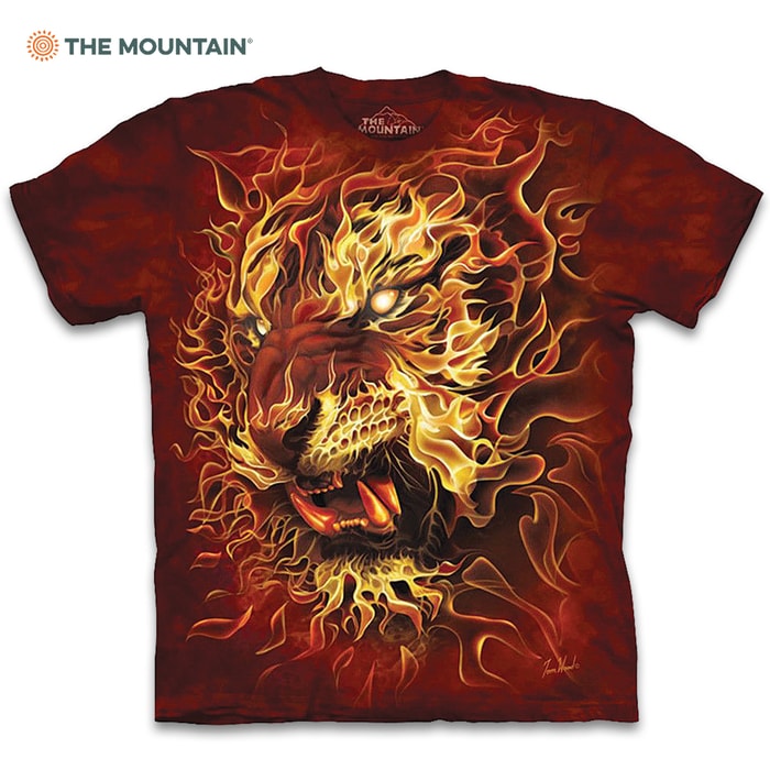 Fire Tiger Red T-Shirt - Pre-Shrunk 100 Percent Cotton, Soft Feel, Classic Fit, Hand-Dyed, Reinforced Stitching