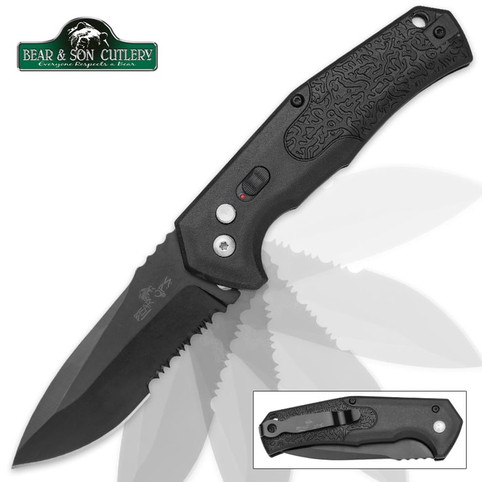 Bear Ops Bold Action Auto Black Serrated Pocket Knife