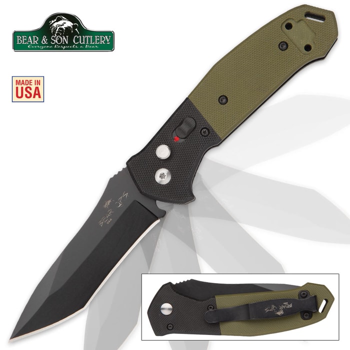 Bear Bold Action Black Pocket Knife - OD Green G10 Handle