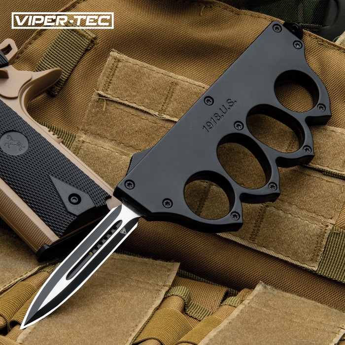 The Viper-Tec 1918 OTF Trench Knuckle Knife shown in its open position