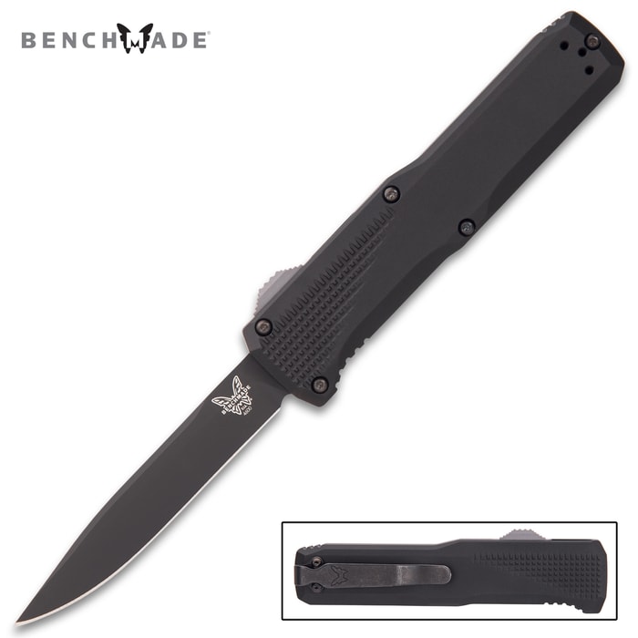 Black pocket knife with carbon coated blade and black aluminum handle. Top left corner "Benchmade."
