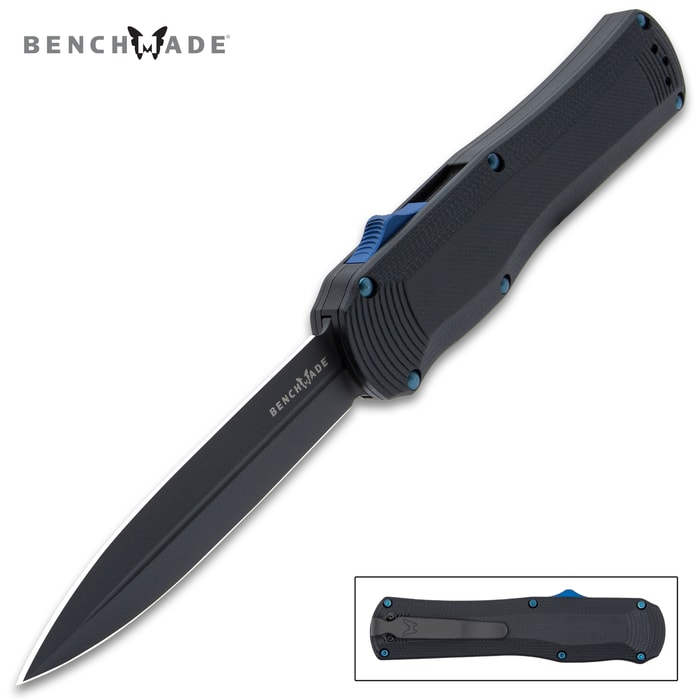 The Benchmade Black Autocrat Automatic OTF Dagger has a double-edged CPM-S30V stainless steel dagger blade