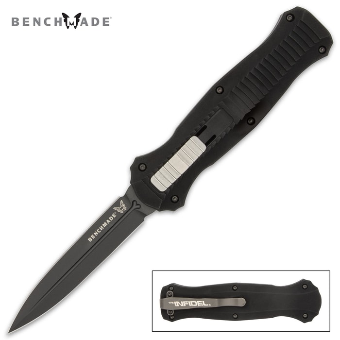 Benchmade infidel OTF pocket knife with an all-black finish, sliding trigger button, and pocket clip.

