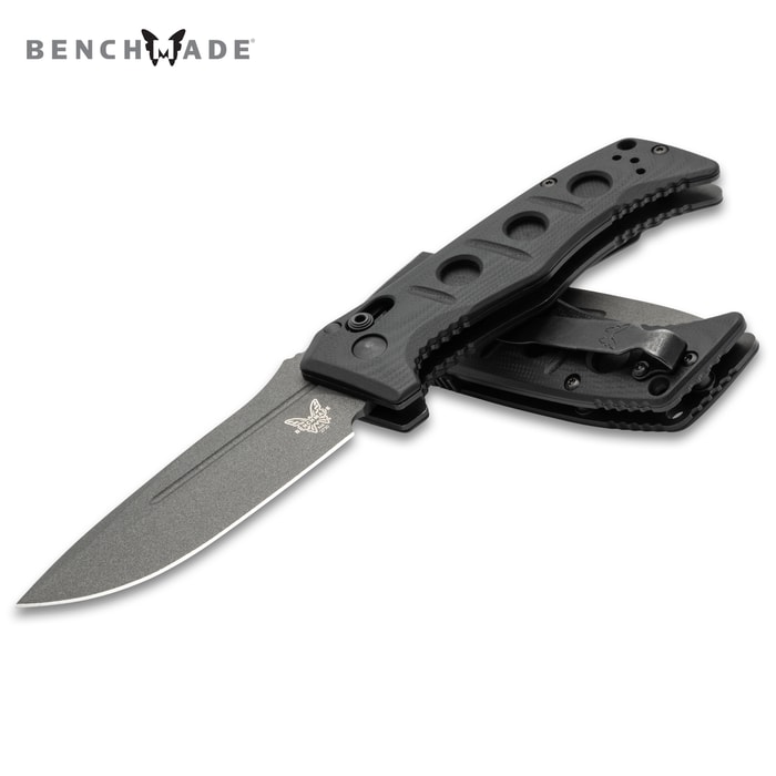 Full image of the gray Benchmade Mini Auto Adamas open and closed.