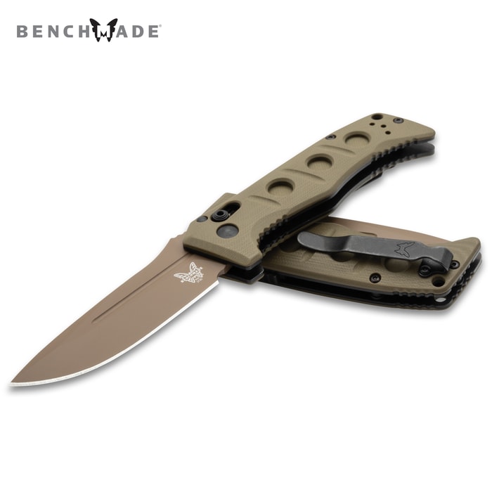 Full image of the flat earth Benchmade Mini Auto Adamas open and closed.