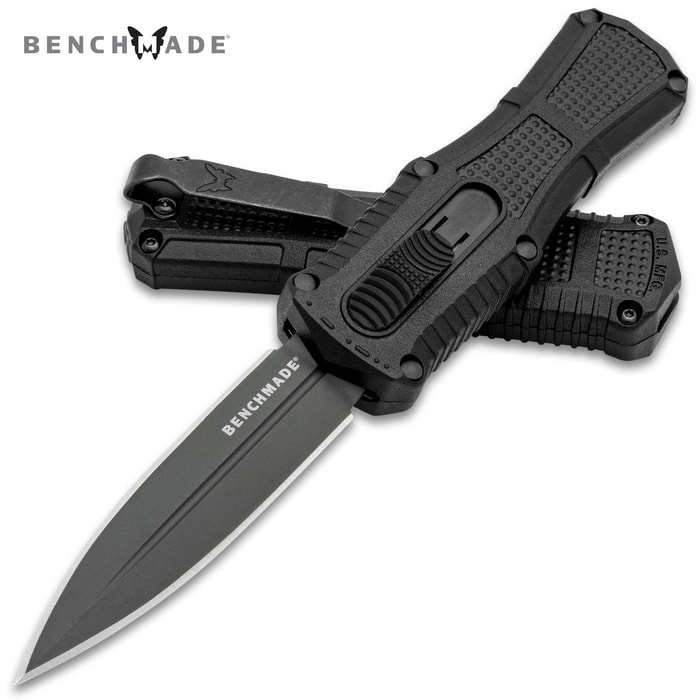 Full image of the Benchmade Black Grivory Mini Claymore OTF Knife opened and closed.