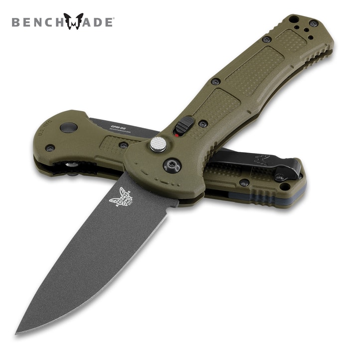 Full image of the Benchmade Claymore Auto Ranger Folder Knife opened and closed.