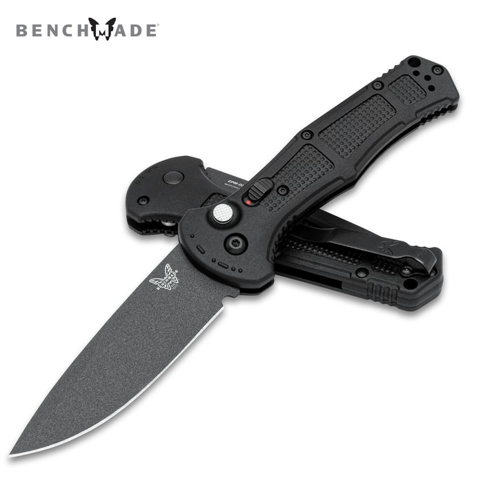 The Benchmade Claymore Automatic Knife shown open and closed