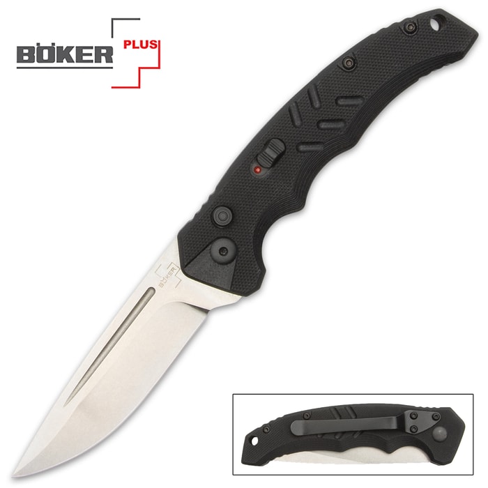 Boker Plus Black Intention Pocket Knife has a 3 1/10” D2 tool steel blade with stonewashed finish and G10 handle.
