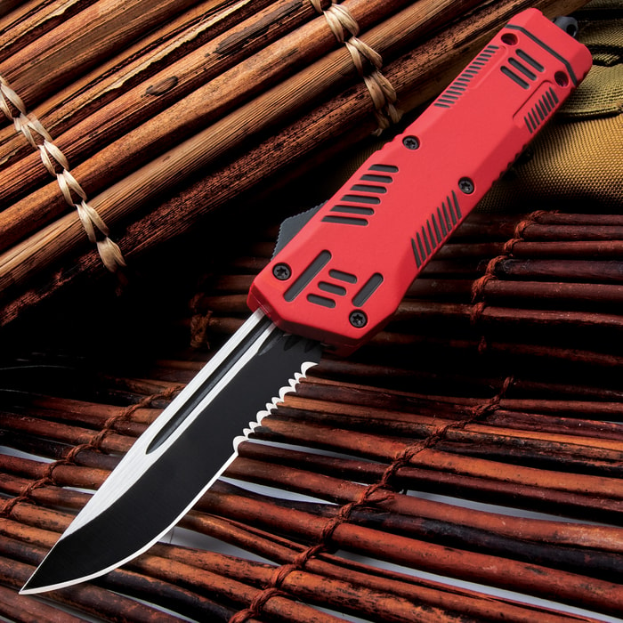 The Red Ex Machina Automatic OTF Pocket Knife has a black, stainless steel blade