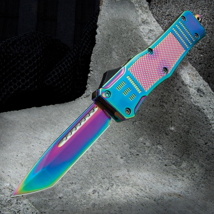 The Rainbow Automatic OTF has an iridescent metallic finish from the tip to the end of the handle
