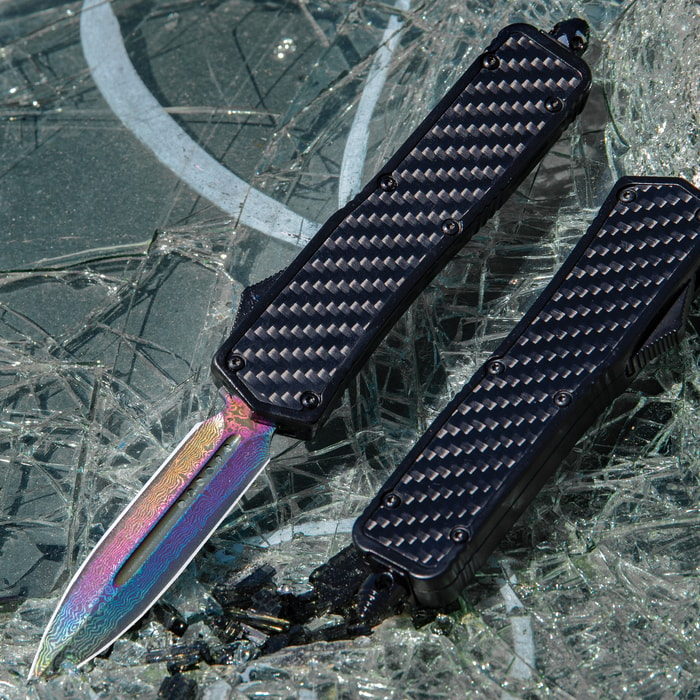 With our Carbon Fiber and Rainbow Anodized Automatic OTF Knife, you get smooth and lightning-fast action