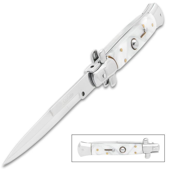The Large White Pearl Stiletto Knife in open and closed position