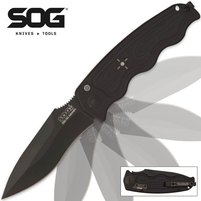 SOG Sogtac Automatic Knife Drop Point Black Tini