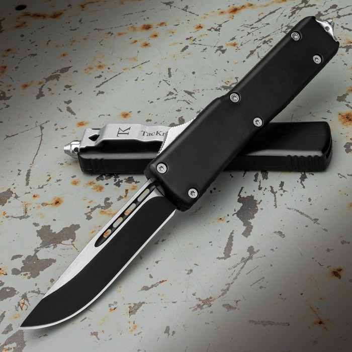The TacKnives OTF D2 Double-Action Knife shown both open and closed