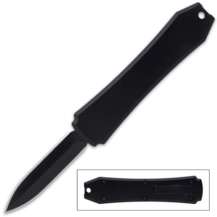 Mini non-reflective black OTF pocket knife with double edged stainless steel blade.
