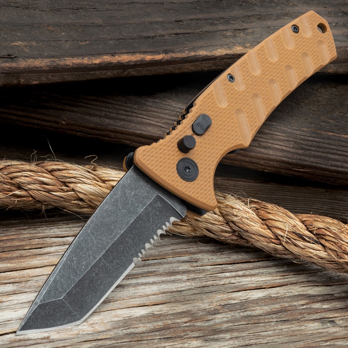 The Bronze Serrated Automatic Knife deployed