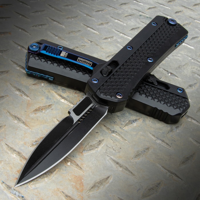 The Black and Blue Dagger OTF Knife with black G10 handle and black stainless steel blade, shown both opened and closed.