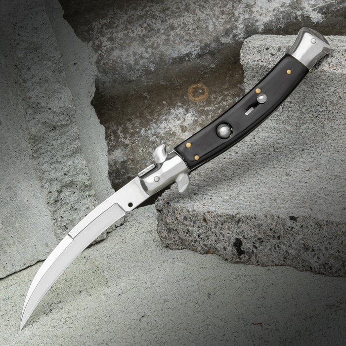 The Black Curl Automatic Stiletto Knife shown open with uniquely curved stainless steel blade and black handle.