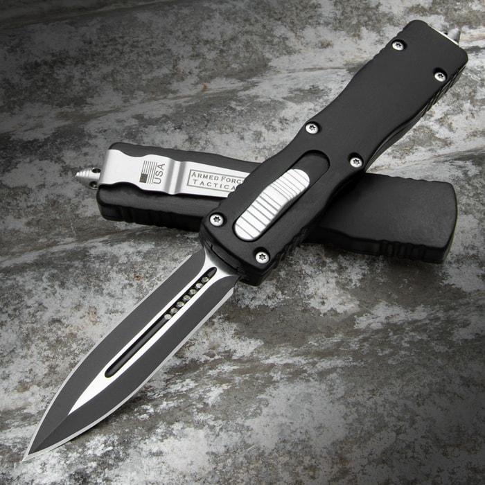 The Black Dagger OTF Knife with black handle and black stainless steel blade, shown both opened and closed.