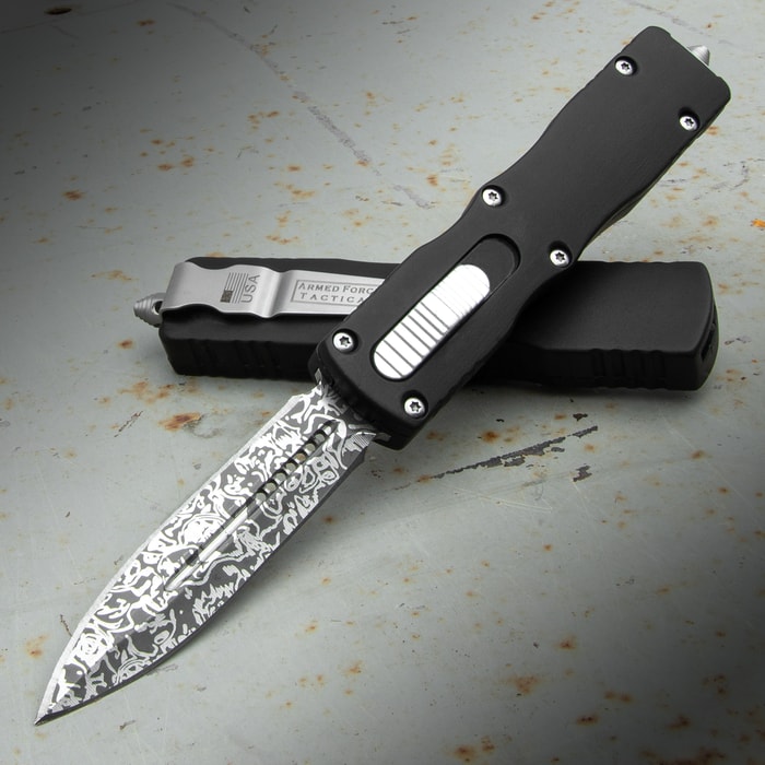 The Damascus Dagger Automatic OTF Knife with black handle and Damascus dagger-style blade, shown both opened and closed.