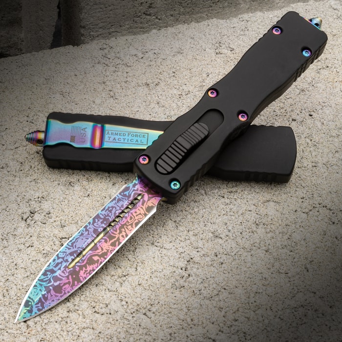 Full image of the Rainbow Damascus Automatic OTF Knife open and closed.