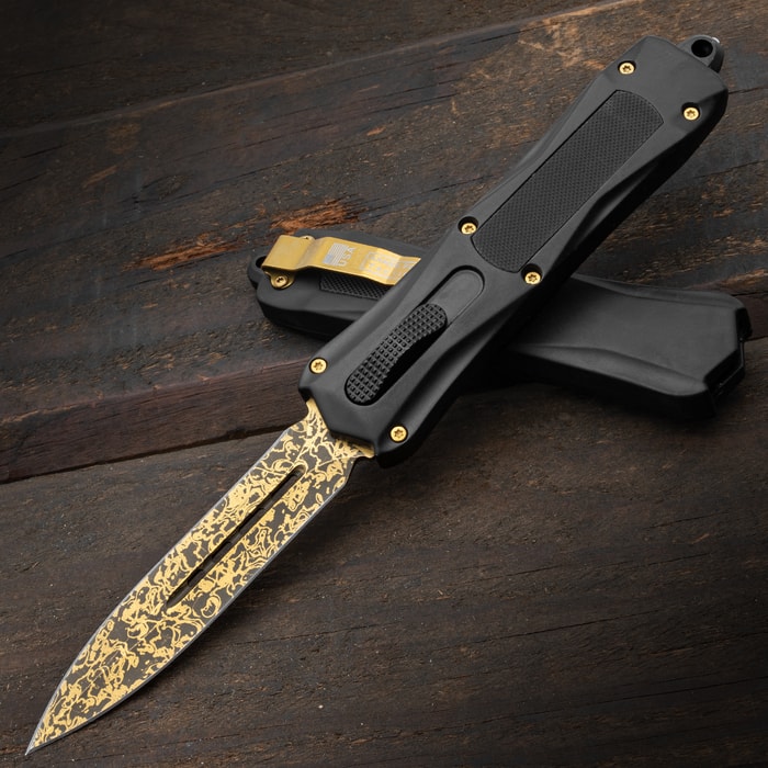 Full image of the Gold Damascus Automatic OTF Knife open and closed.