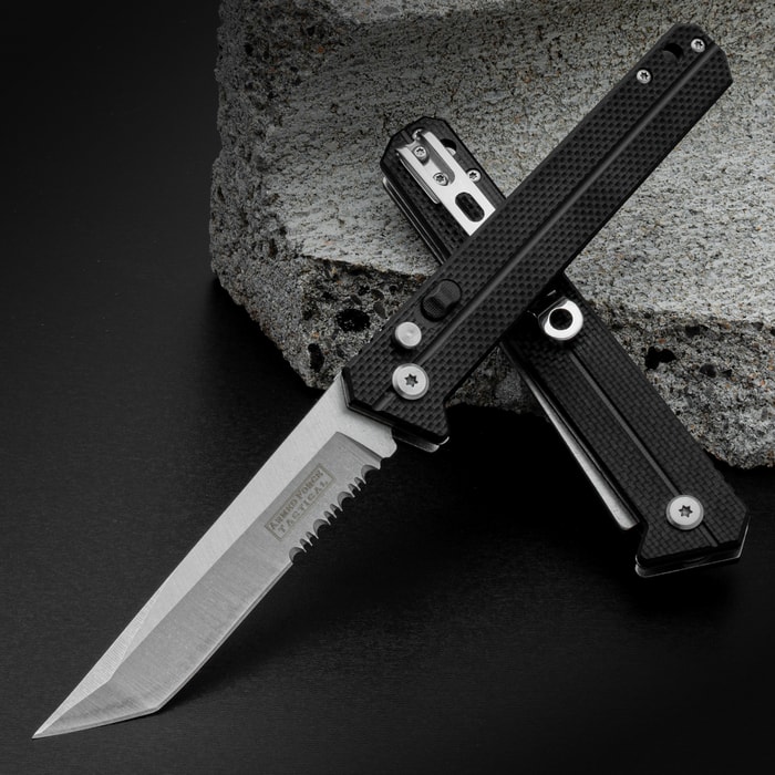 Full image of the Blackhawk Automatic Push Button Pocket Knife open and closed.