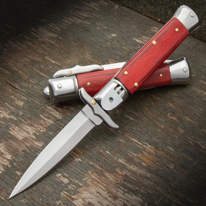 Full image of the Pakkawood Lever Lock Automatic Knife open and closed.