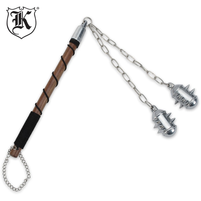 Medieval / Middle Ages-Style Double Mace - 17 1/4" Walnut Staff - Dual 4" Spiked Stainless Steel Heads on Chains - Cord Wrapping 