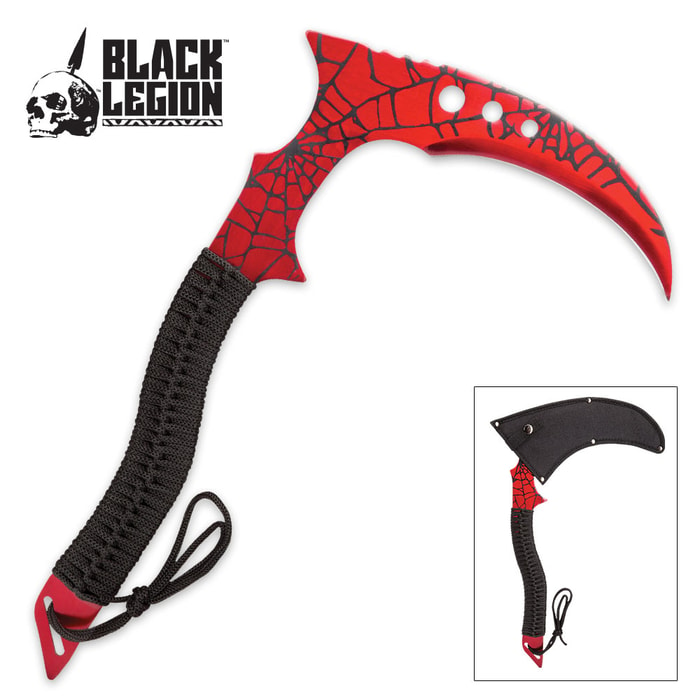 Black Legion Abaddon Fantasy Sickle with Nylon Sheath - Metallic Red with Spiderweb Design