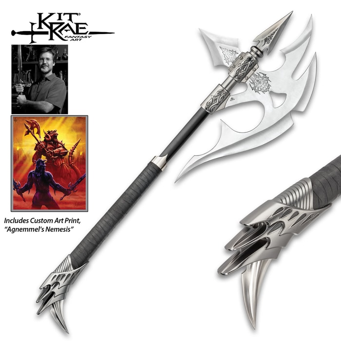 Kit Rae war axe shown with blade and back spike, black wrapped leather grip with spiked end and “Agnemmel’s Nemesis” artwork. 