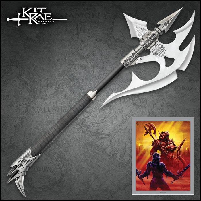 Kit Rae war axe shown with blade and back spike, black wrapped leather grip with spiked end and “Agnemmel’s Nemesis” artwork. 