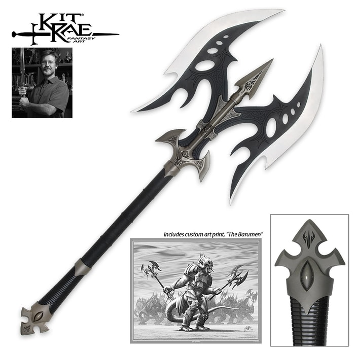 Kit Rae Black Legion Battle Axe with two 15” blades and custom art print “The Barumen.” 
