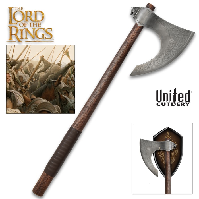 The Lord of the Rings Rohan Axe shown with and without its display plaque
