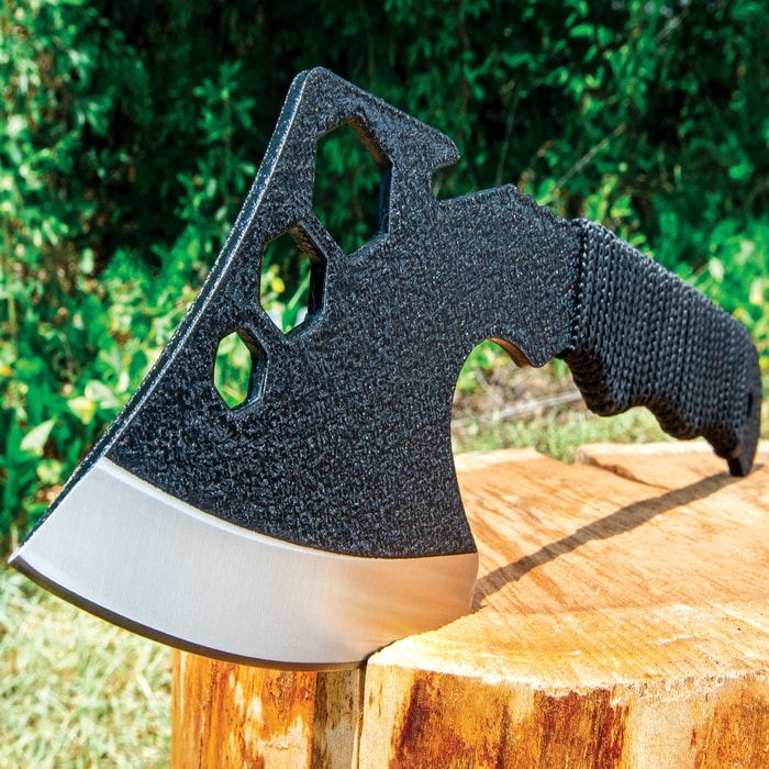 Bushmaster Taskmaster Compact Axe With Belt Sheath - Stainless Steel Blade, Powder Coated Stainless Steel, Cord Wrapped Handle - Length 9 3/4”