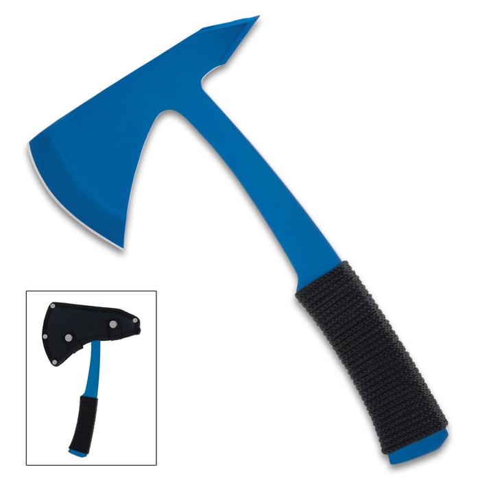 A view of the Blue Speedster Throwing Axe with and without it's blade cover