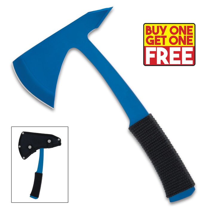 The Blue Speedster Throwing Axe with its blade cover on and off