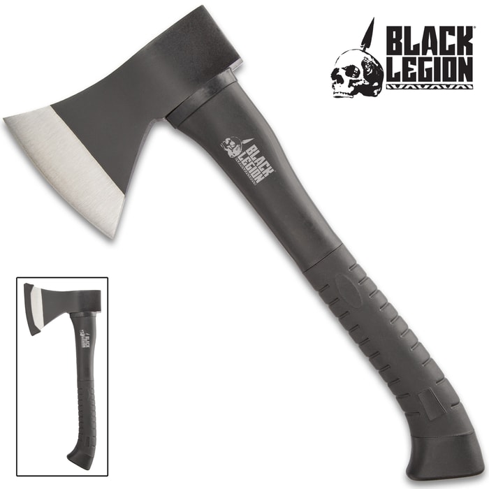 Black Legion Black Camping Hatchet - Carbon Steel Head, Fiberglass Handle, Rubberized Grip, Non-Reflective - Length 14”