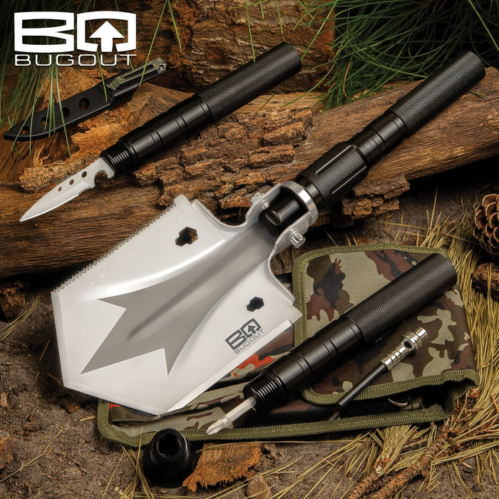 The BugOut Small Multi-Function Folding Entrenchment Tool has functions and features you need in your camping gear, vehicle emergency bag and bugout bag