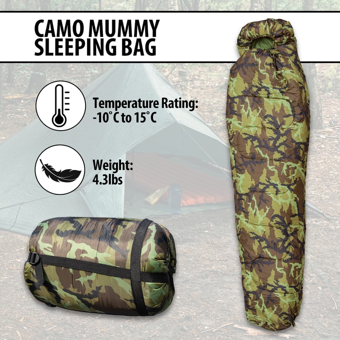 The Camo Mummy Sleeping Bag shown in use