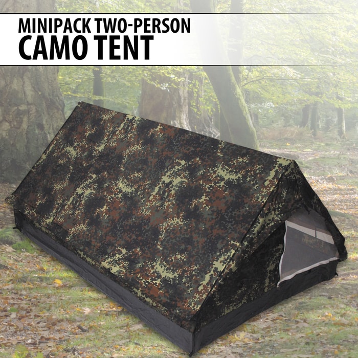 The Two-Person Camo Tent shown pitched in the wild